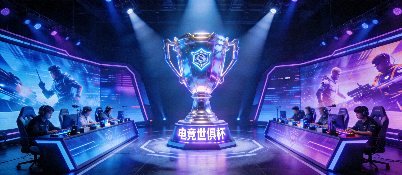 电竞世俱杯总决赛舞台全景，巨型奖杯灯箱与两支战队选手对战席相对而立